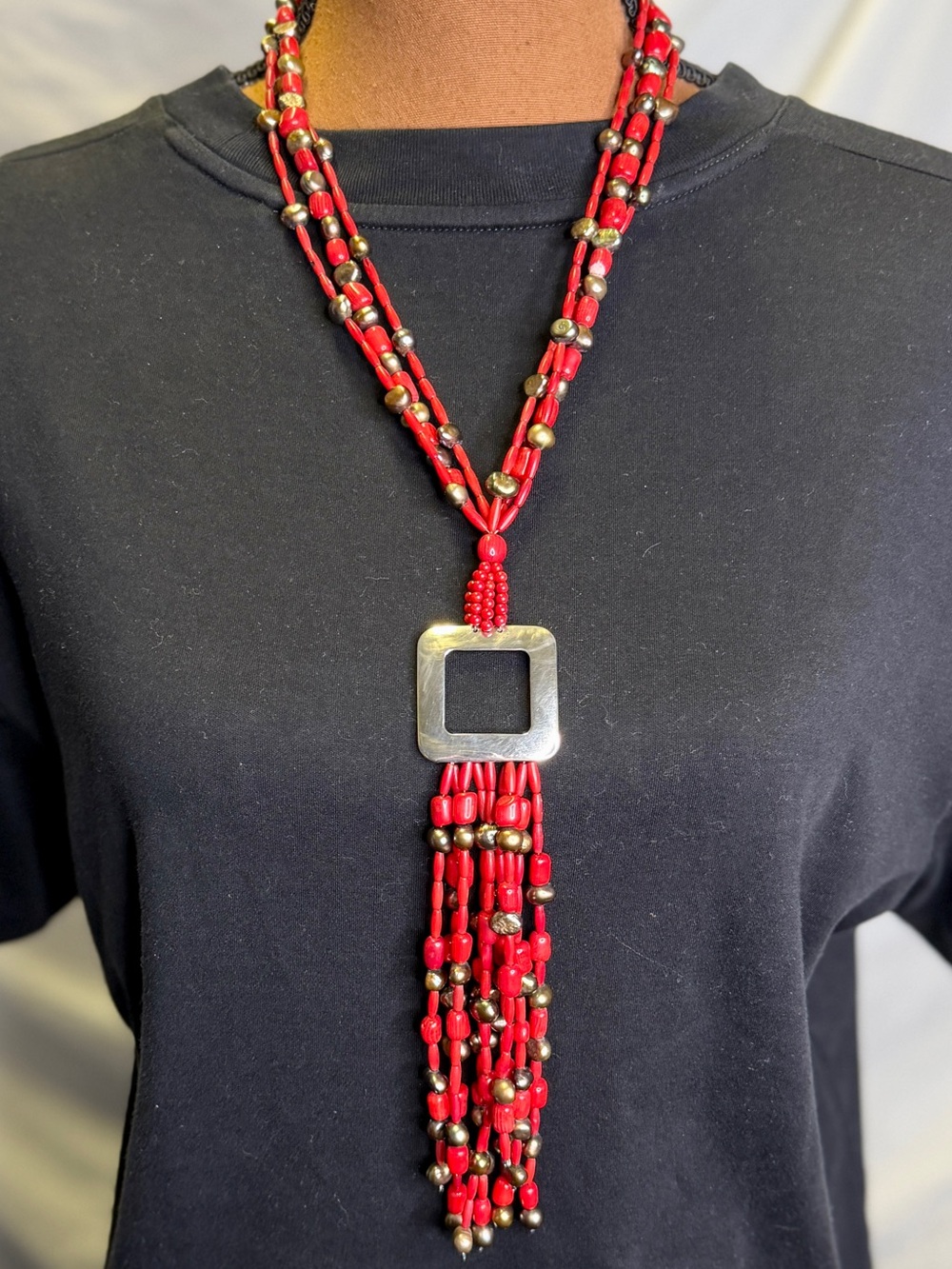 DESERT ROSE TRADING Jay King Sterling Silver Dyed Red Coral & Pearls Necklace